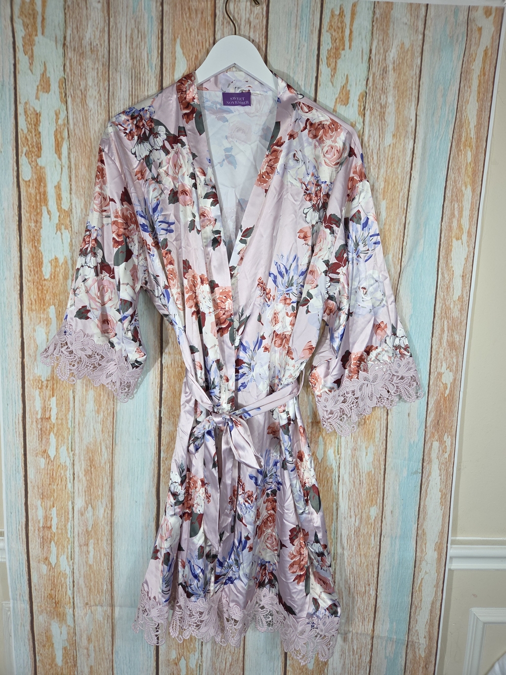 Sweet November Lavender Floral Satin Robe with Lace Trim Plus Size